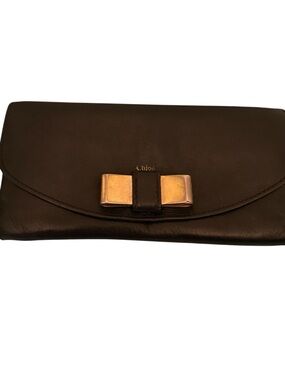 Authentic Chloé Bobbie Black Leather Continental Wallet – Gold Bow Detail